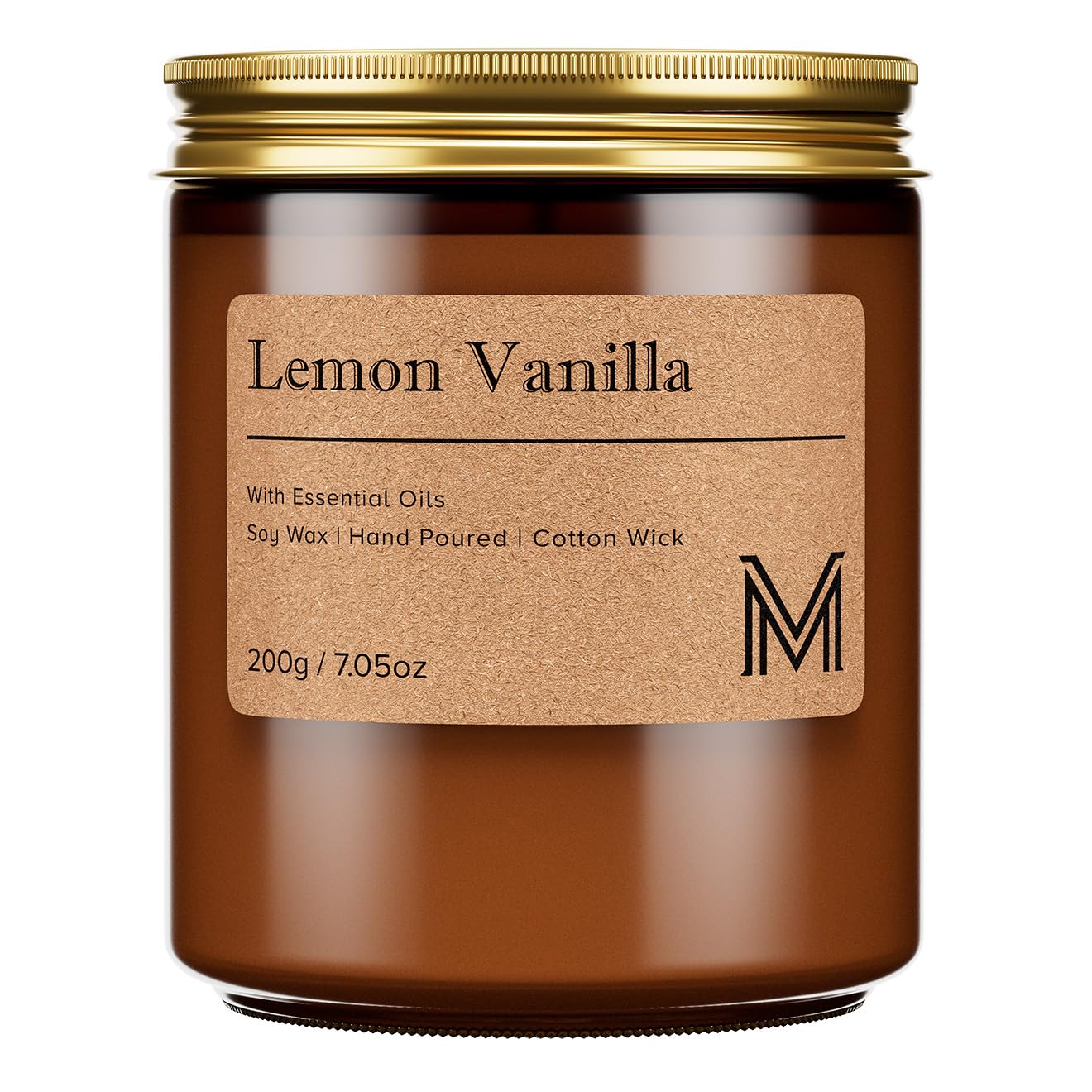 Bougie msense citron-vanille dans verre ambré pour une ambiance chaleureuse et durable.