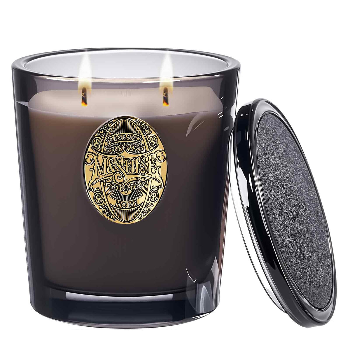 Bougie M&SENSE au soja grande avec 2 mèches dans un vase en verre, ambiance durable.