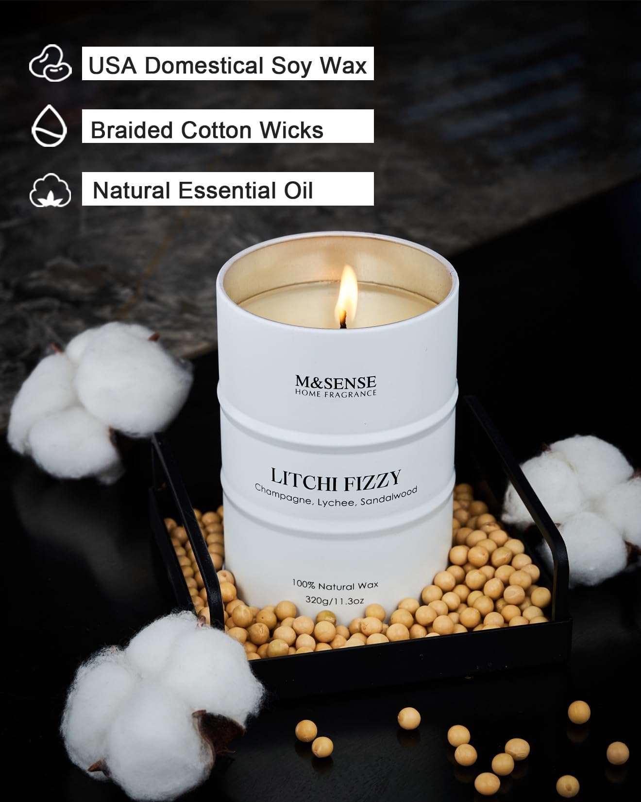 Flamme stable de la bougie M&SENSE Litchi Fizzy pour une combustion régulière