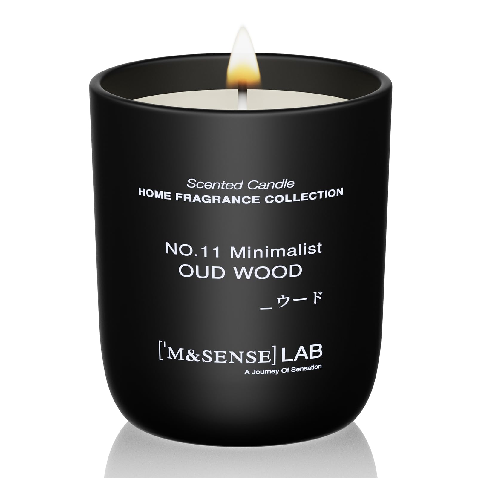 Bougie M&SENSE cire de soja Oud Wood dans pot-verre élégant, ambiance raffinée.