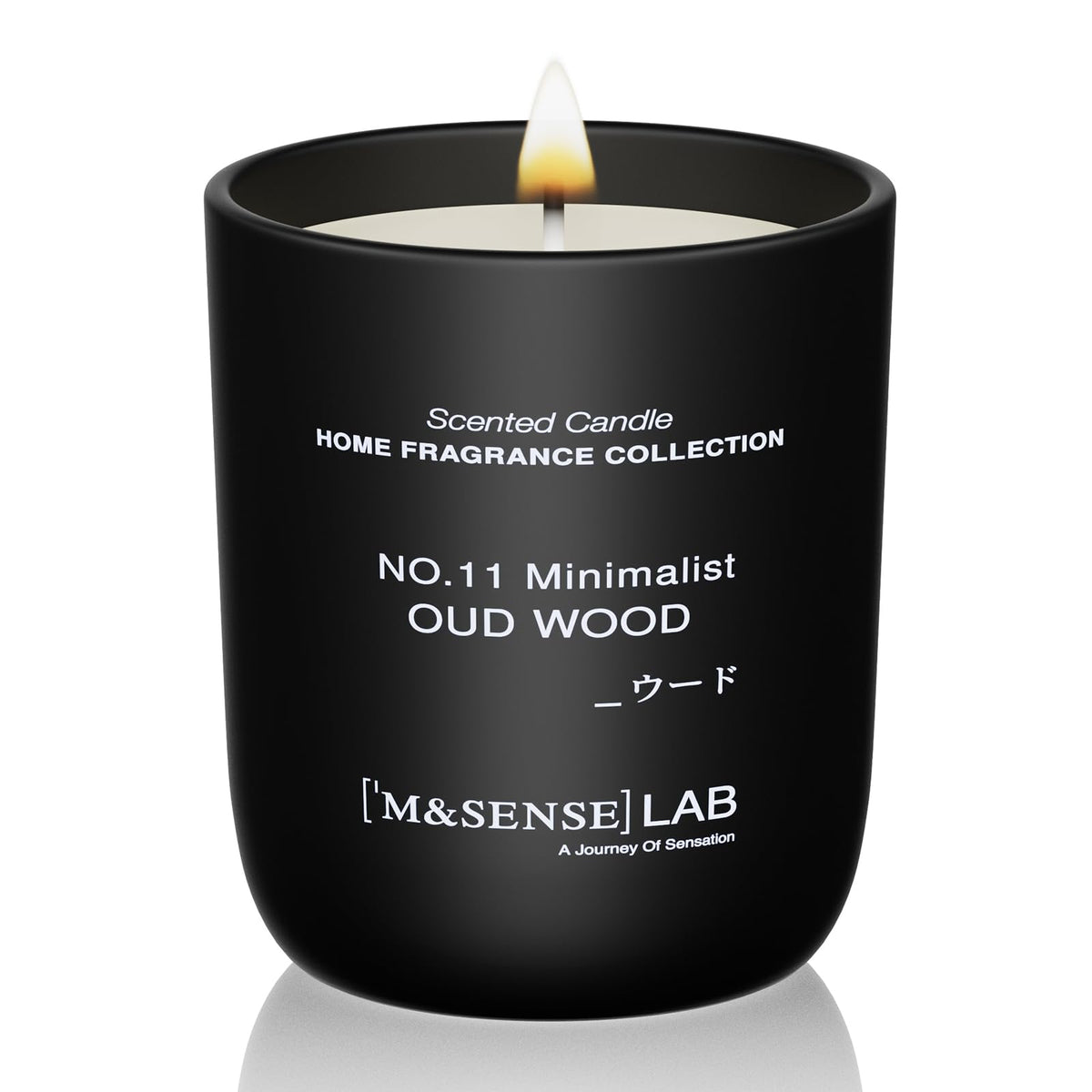 Bougie M&SENSE cire de soja Oud Wood dans pot-verre élégant, ambiance raffinée.