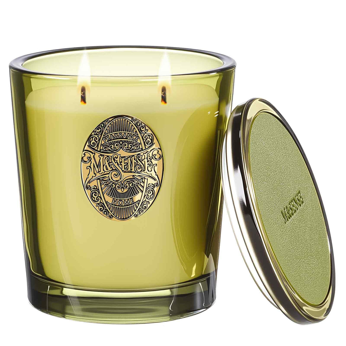 Bougie M&SENSE deux mèches foret-cabine, parfum durable pour ambiance douillette.