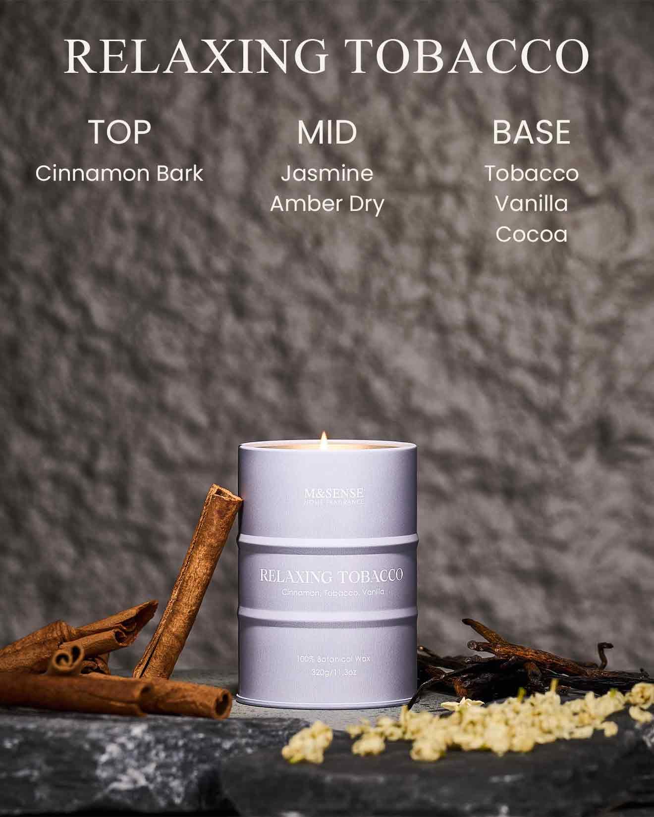 Bougie tabac M&SENSE, diffusion homogène pour ambiance chaleureuse.