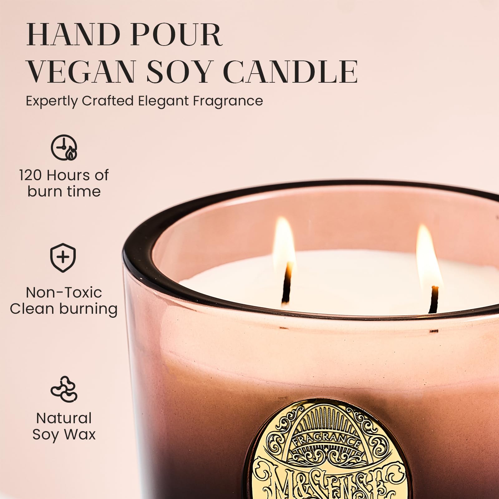Bougie M&SENSE en verre clair, allure chic et cadre idéal pour décor élégant.