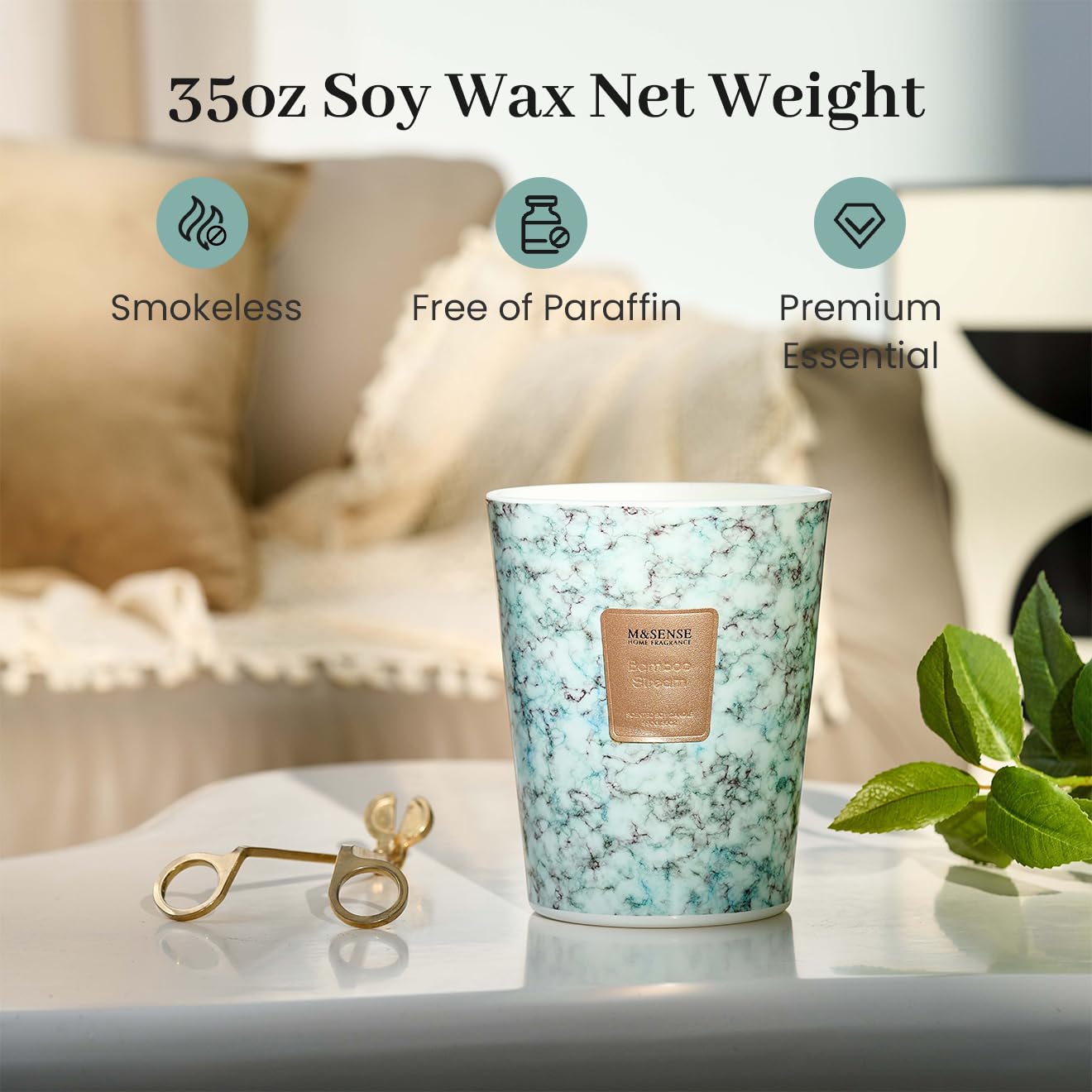 Bougie M&SENSE XL 35oz, pot décoratif marbre, réutilisable comme vase.
