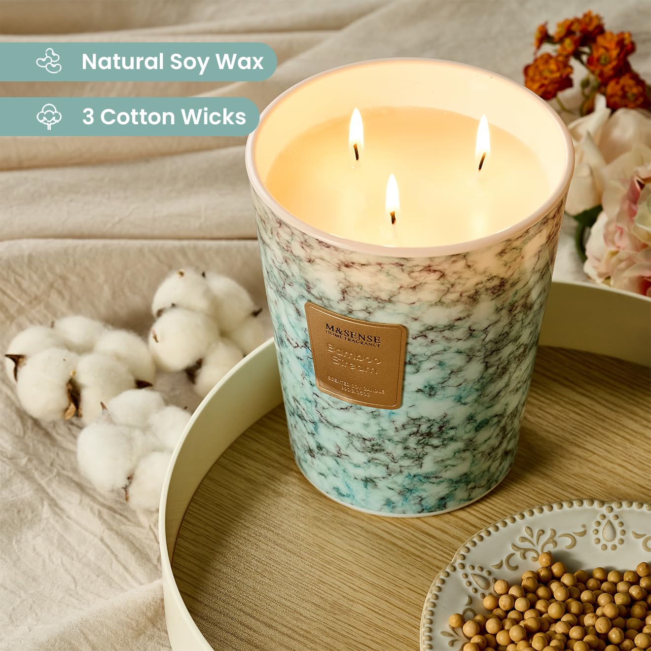 M&SENSE XL 35oz, trois mèches coton, parfum naturel propice à la méditation.