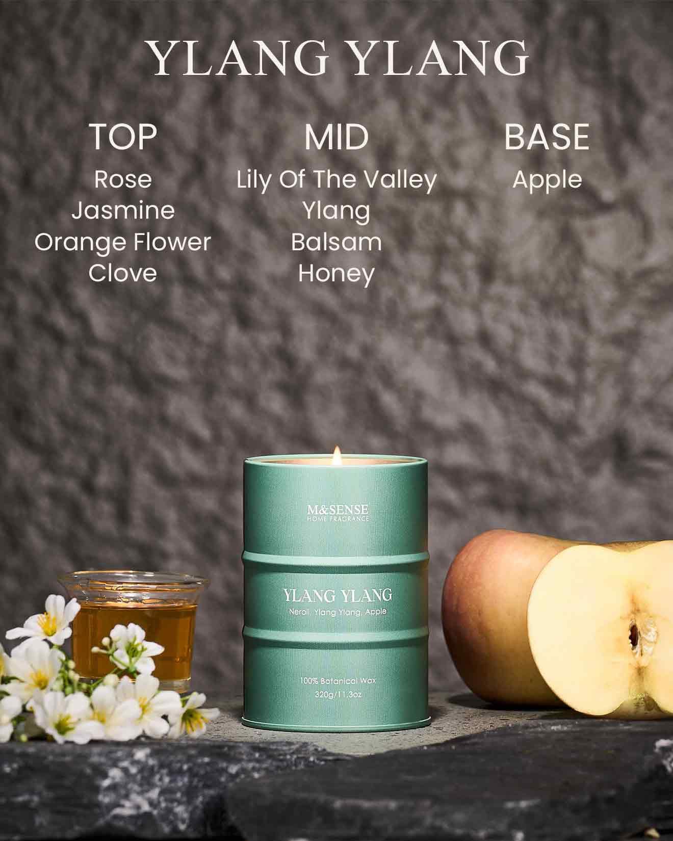 Bougie M&SENSE Ylang Ylang, flamme stable et diffusion généreuse dans votre salon.