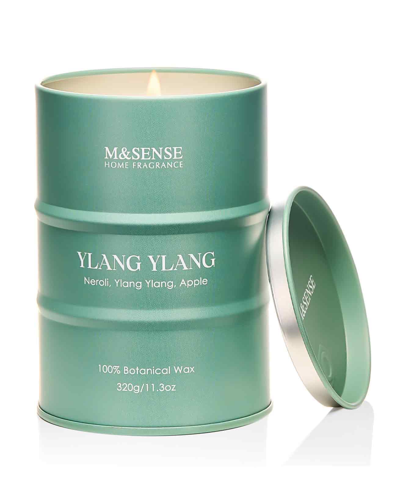 Bougie M&SENSE Ylang Ylang en cire végétale, combustion uniforme pour ambiance apaisante.