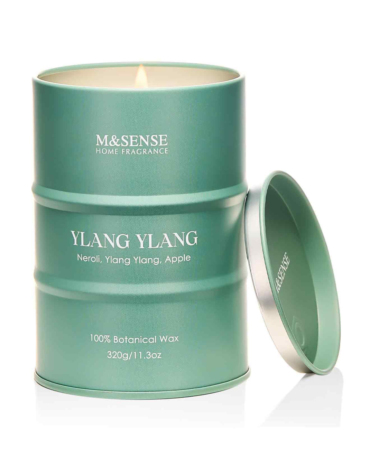 Bougie M&SENSE Ylang Ylang en cire végétale, combustion uniforme pour ambiance apaisante.