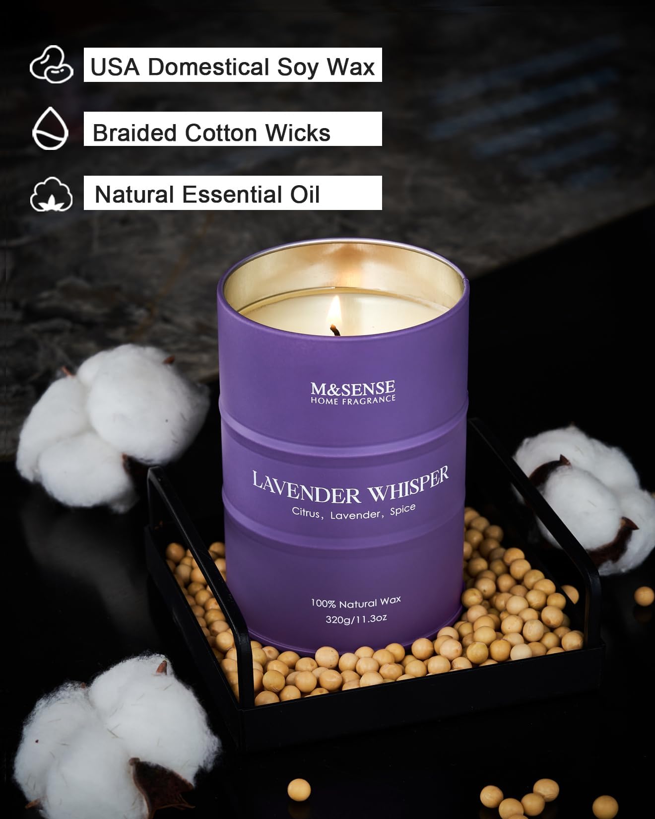 Texture cire soja naturelle de la bougie M&SENSE Lavande.