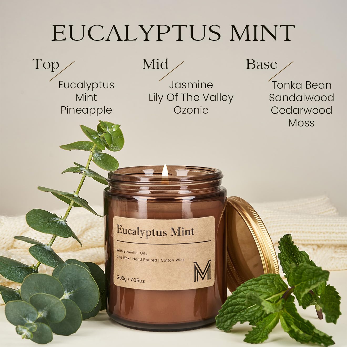 M&SENSE EucalyptusMint, mèche coton sans plomb assurant combustion propre et régulière.