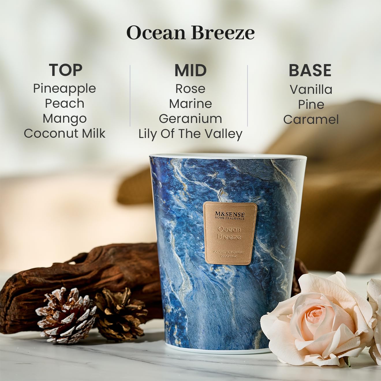 Bougie M&SENSE Ocean Breeze utilisée comme décoration pratique après usage