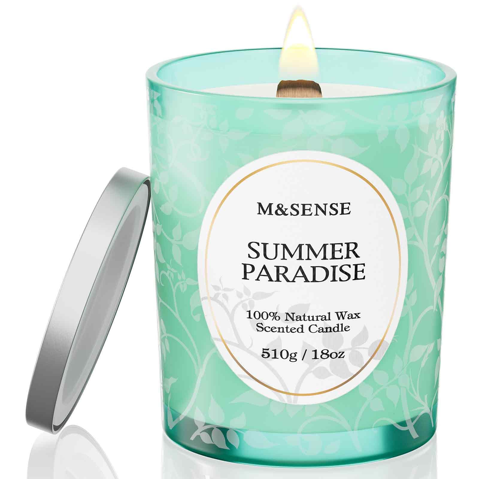 M&SENSE Summer Paradise Bougie bois crepitant pour une ambiance chaleureuse.