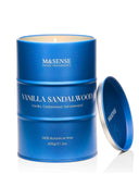 Bougie M&SENSE Vanille Santal dans un bocal, parfum chaleureux pour l'ambiance.