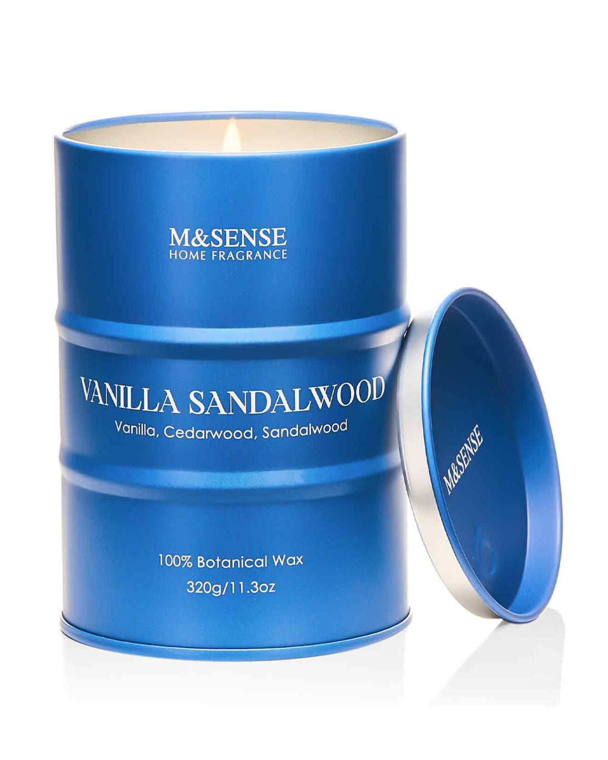Bougie M&SENSE vanille santal, ambiance relaxante et parfum durable.