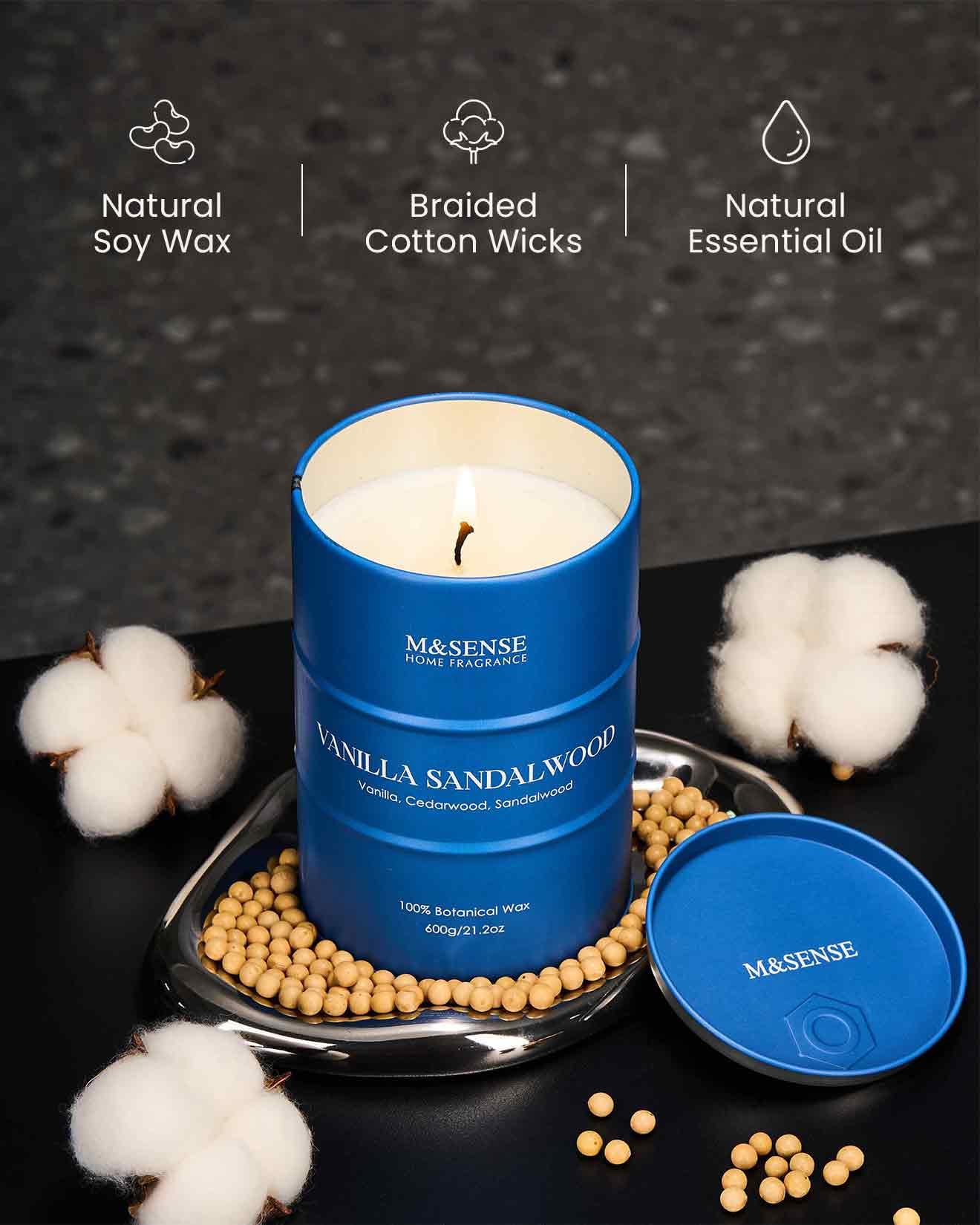 M&SENSE Vanille Santal avec mèche coton, combustion plus stable et propre.