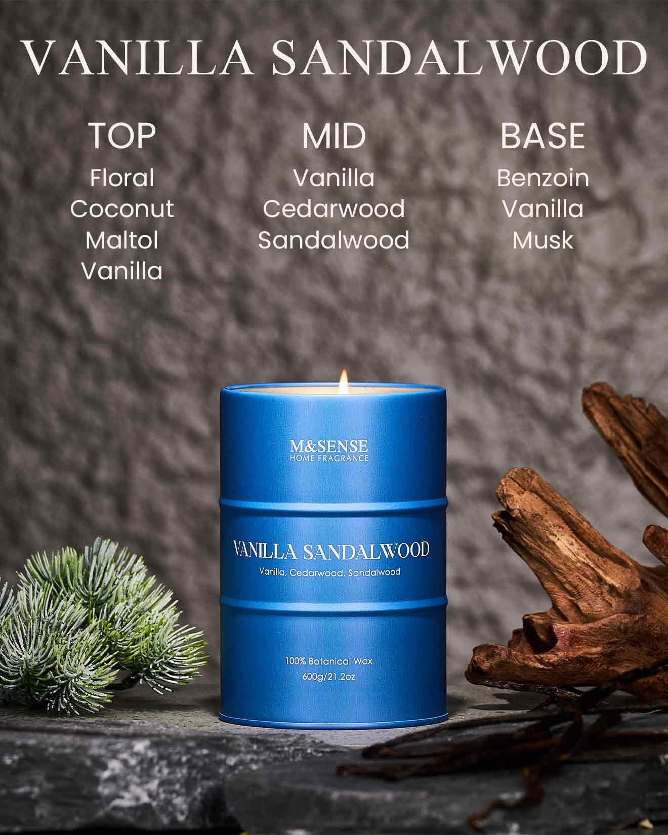 M&SENSE Vanille Santal, bougie de 600 g pour une longue durée et détente.