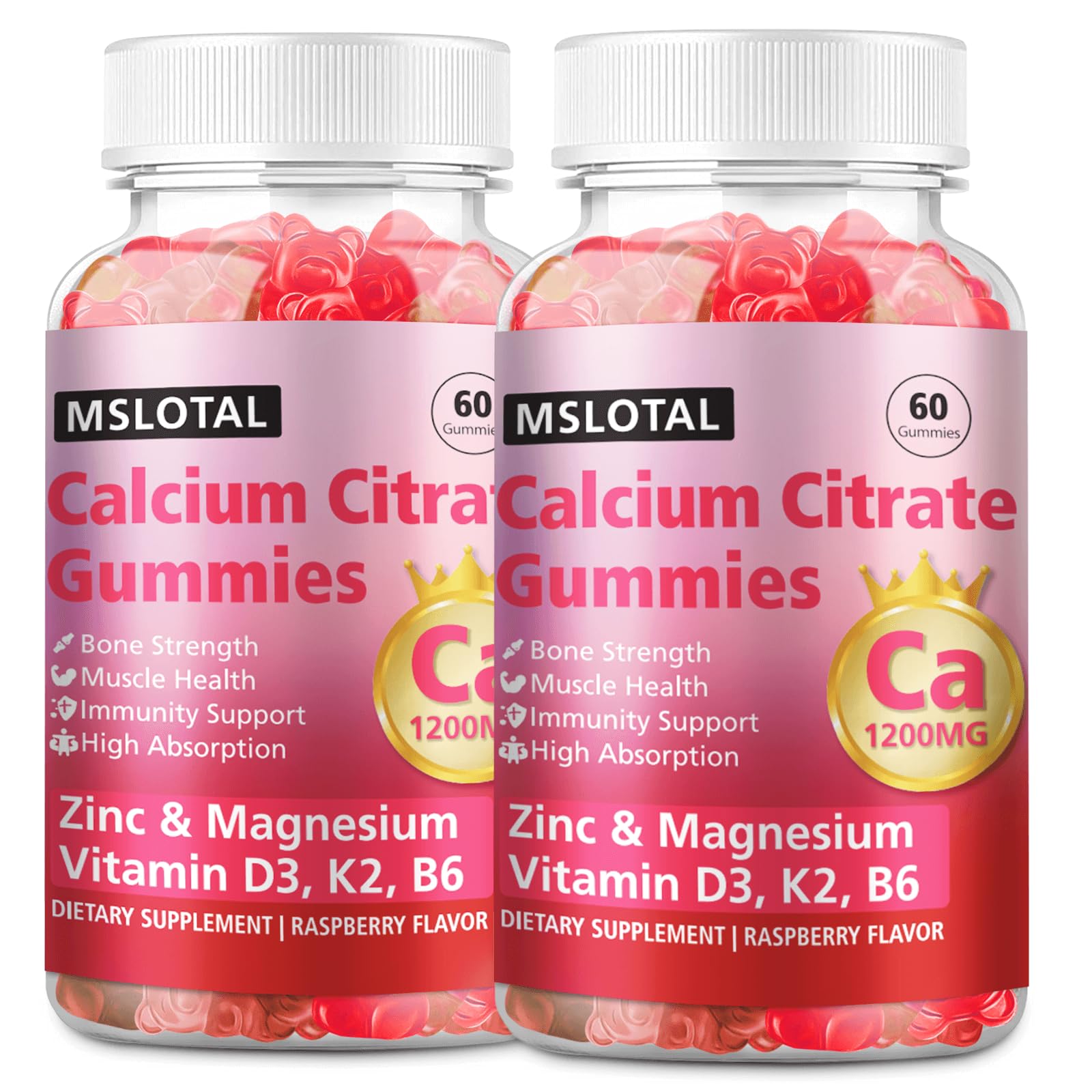 MSLOTAL gommes calcium citrate au goût framboise, soutien possible pour la santé des os et des muscles