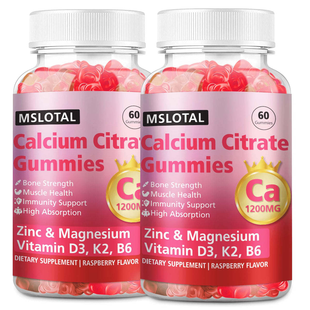 MSLOTAL gommes calcium citrate au goût framboise, soutien possible pour la santé des os et des muscles
