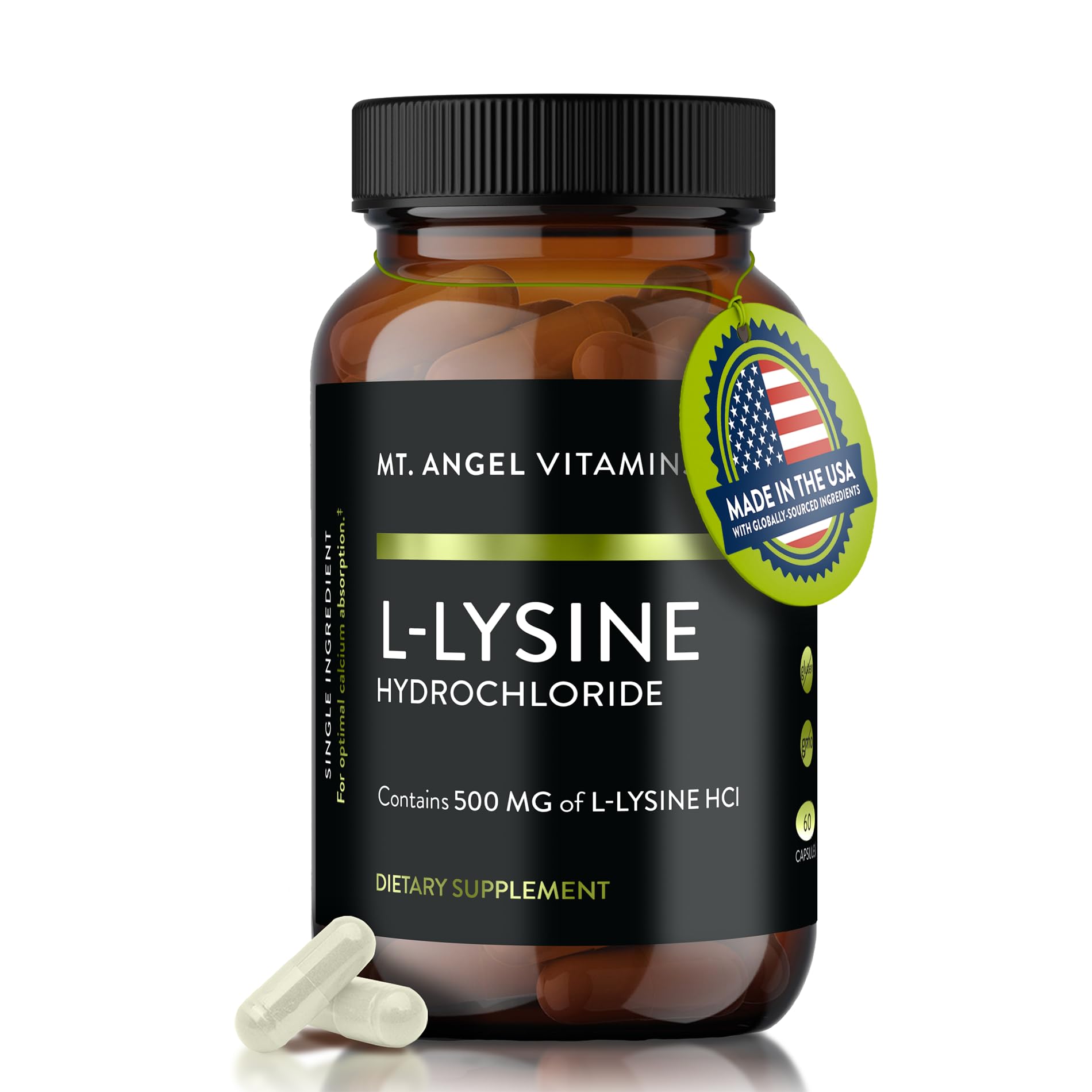Mt. Angel L-Lysine 500 mg, bouteille – soutien à la synthèse protéique et à la peau