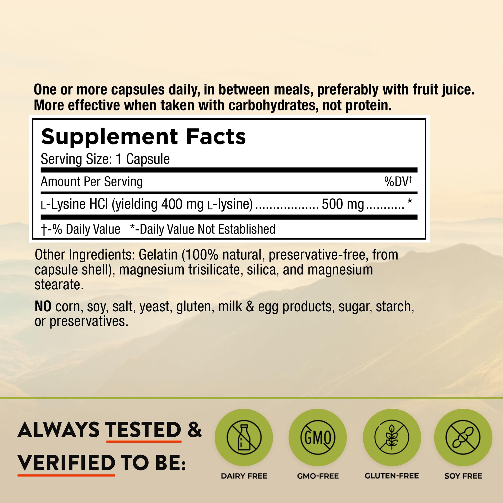 Mt. Angel L-Lysine 500 mg, capsules – formulation véganes pour énergie et immunité