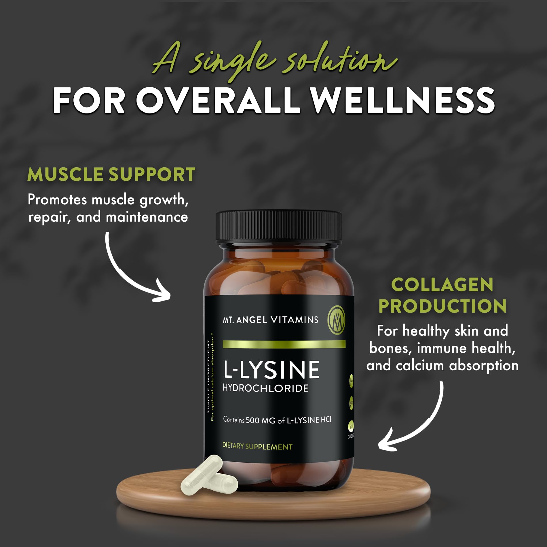Mt. Angel L-Lysine 500 mg, étiquette – sans OGM et sans gluten