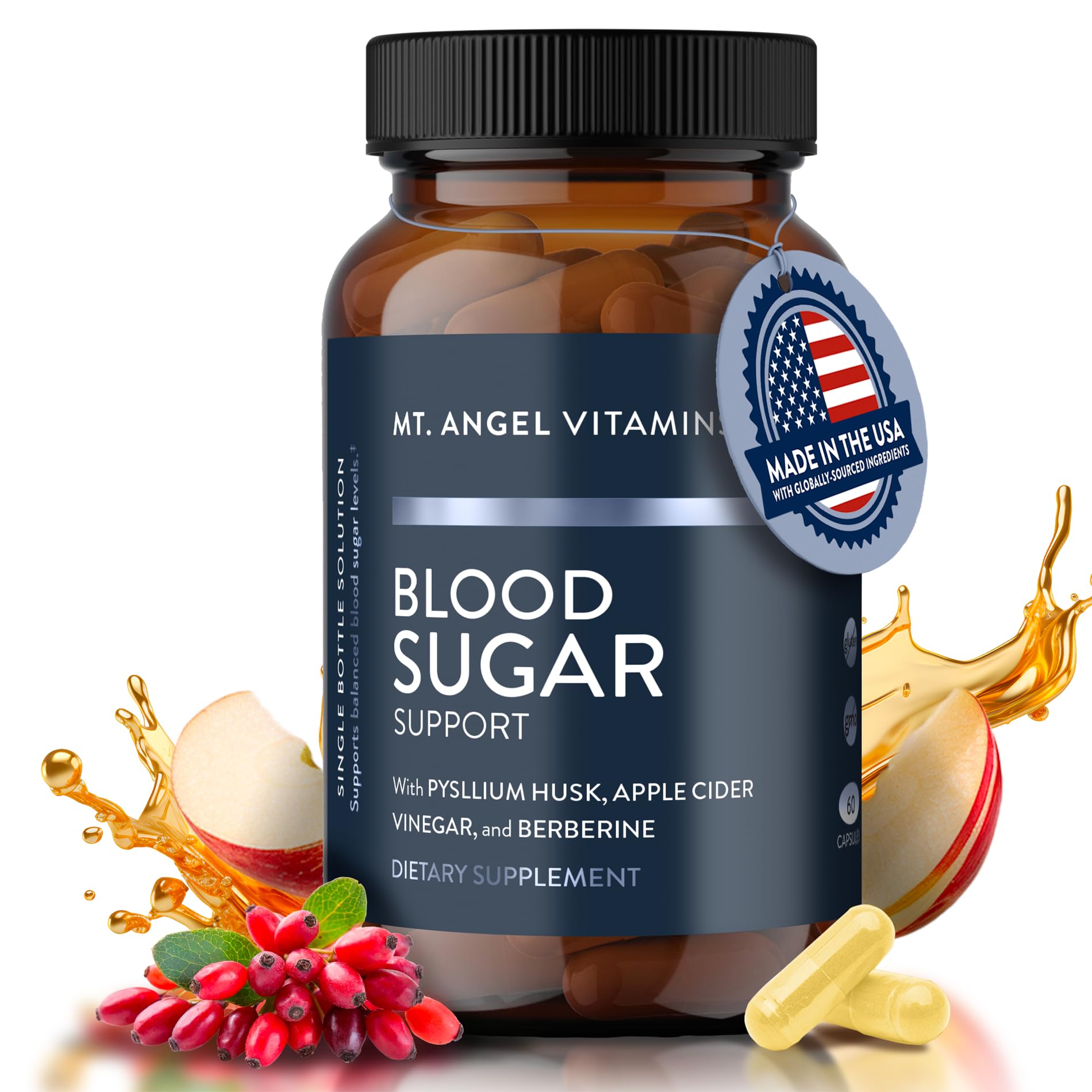 Mt. Angel Vitamins – Bouteille de gélules soutenant l'équilibre de la glycémie.