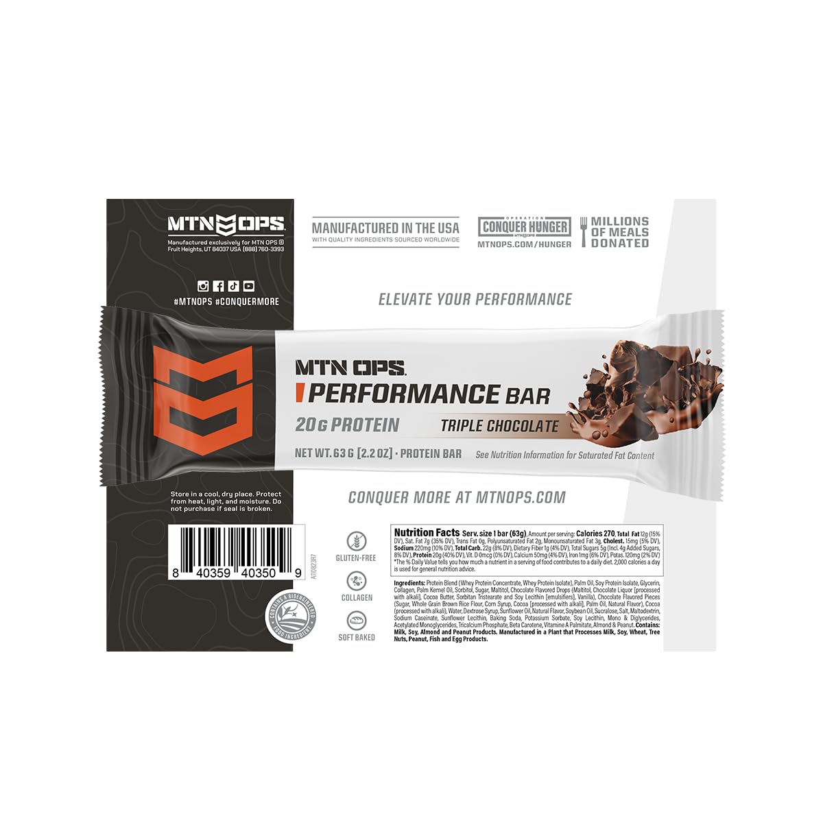 Boîte MTN OPS barre protéine triple chocolat mudslide, contenant 10 barres pratiques.