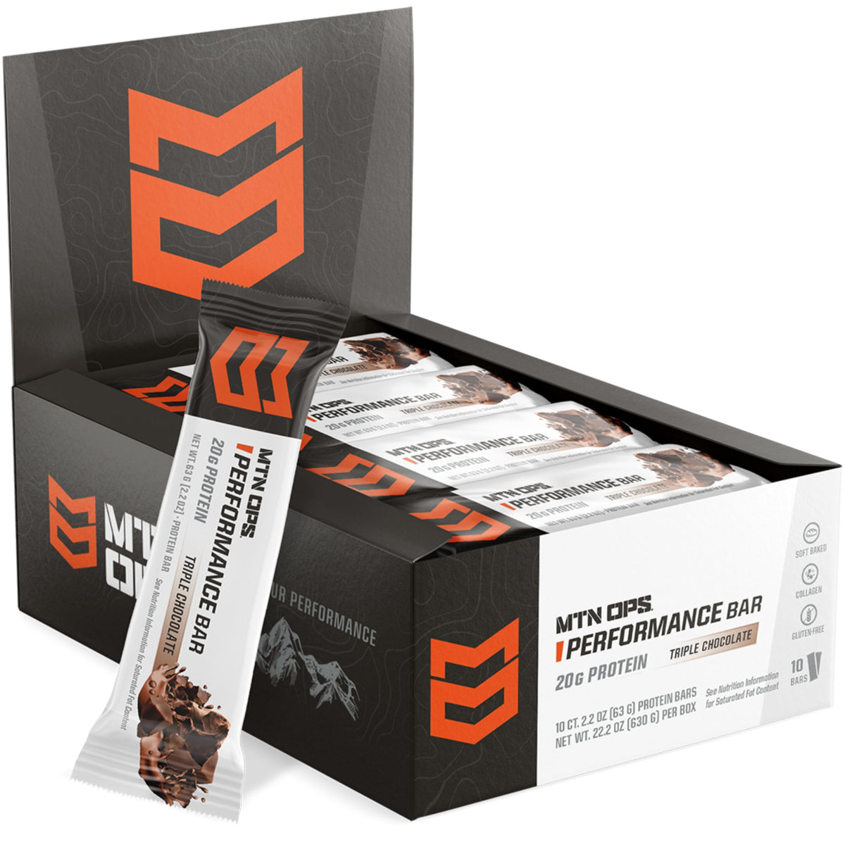 Barre MTN OPS protéine triple chocolat mudslide en emballage pratique, idéal encas rapide.