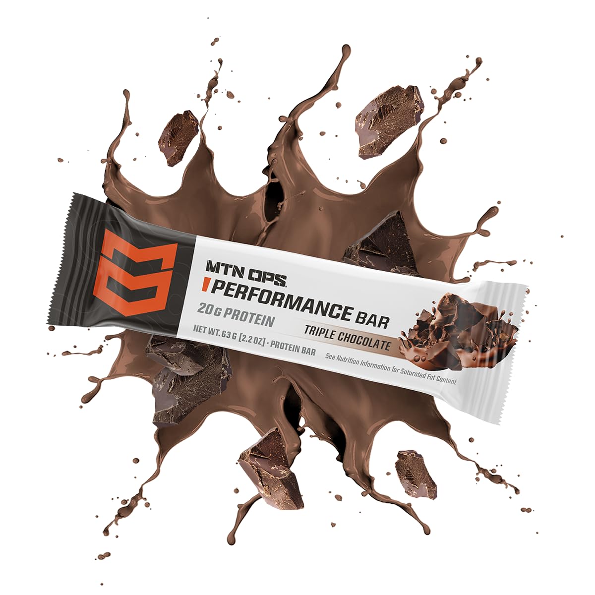 Barre MTN OPS protéine triple chocolat mudslide gros plan sur la texture riche.