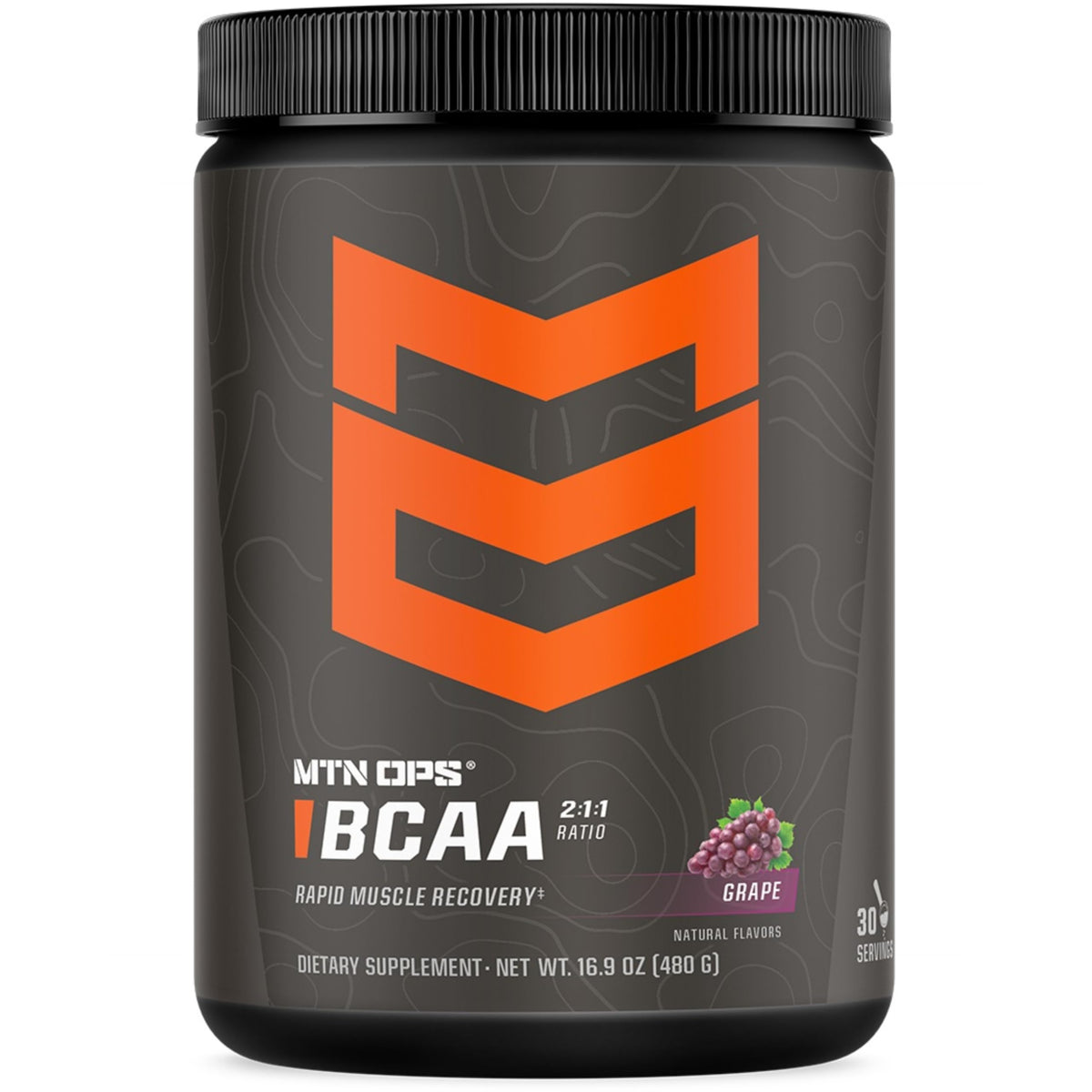 MTN OPS BCAA poudre raisin dans bouteille pour récupération musculaire après l'effort.