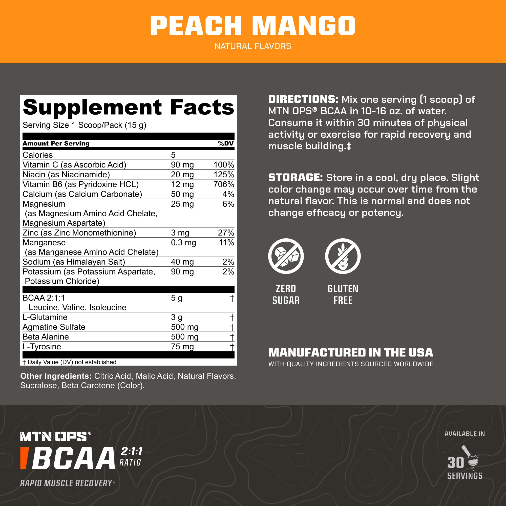 MTN OPS BCAA: étiquette sans gluten sur le pot, consommation propre.
