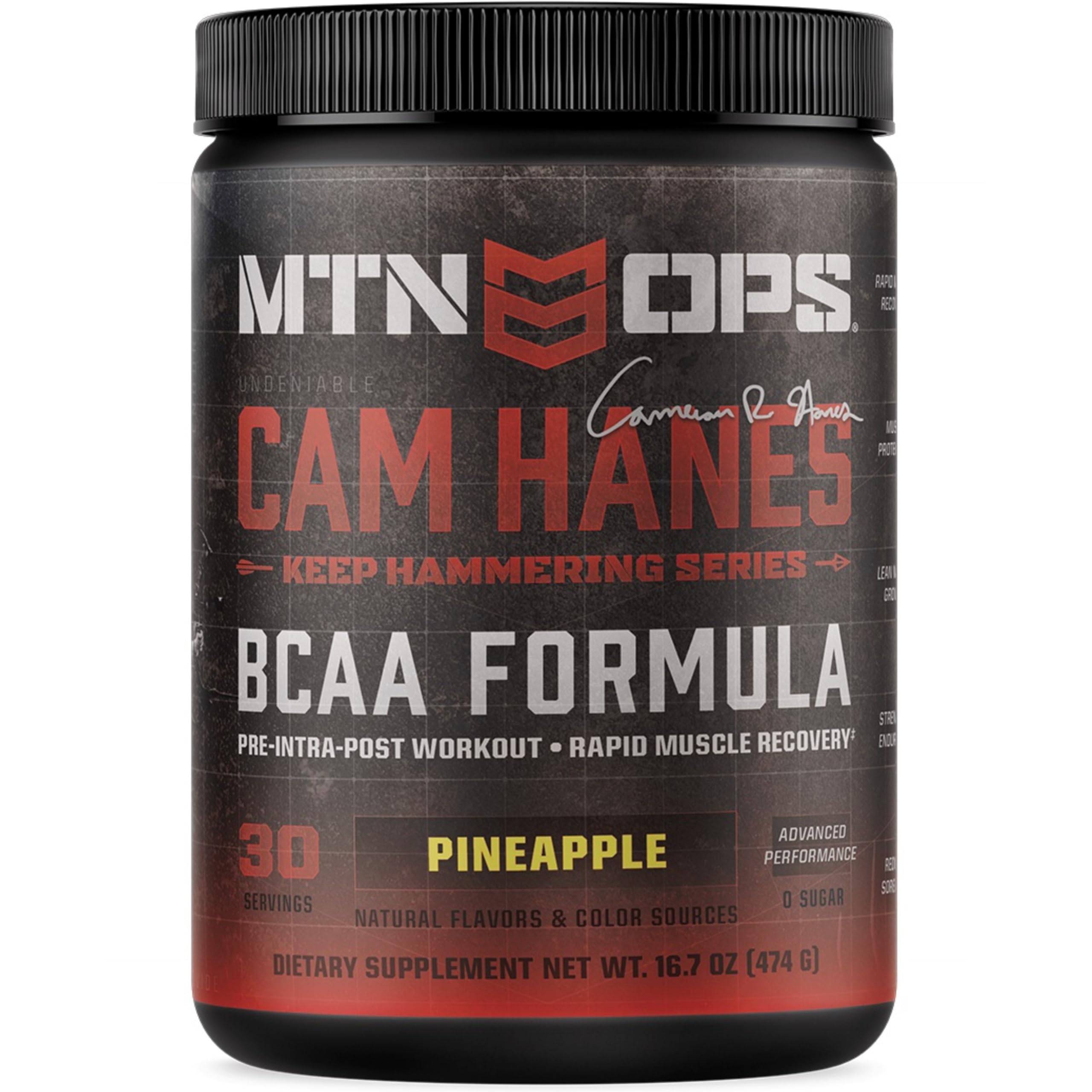MTN OPS BCAA en poudre dans une bouteille, récupération après l'entraînement.