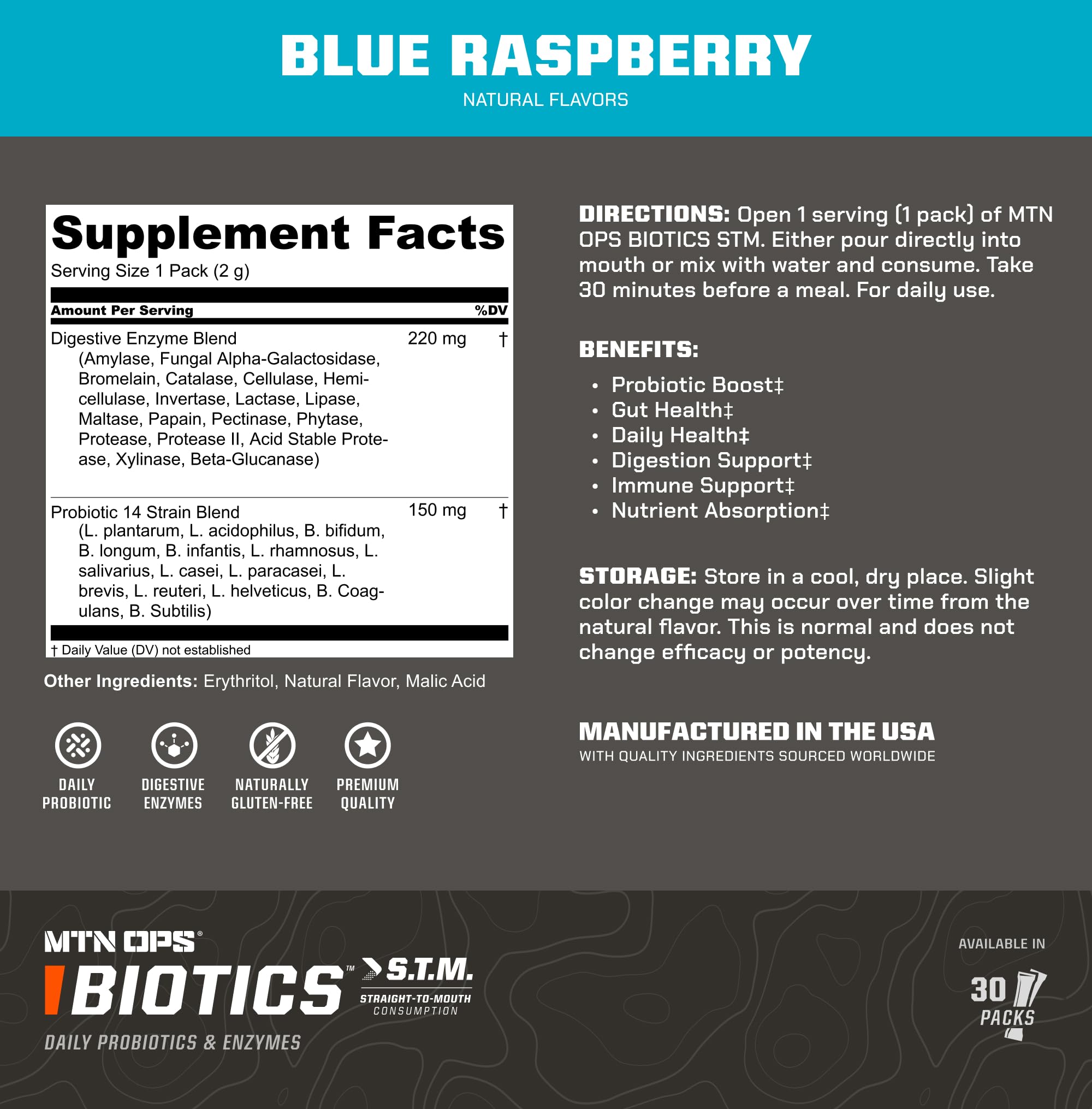 MTN OPS Biotics STM – goût Framboise bleue pour une expérience aromatique rafraîchissante.