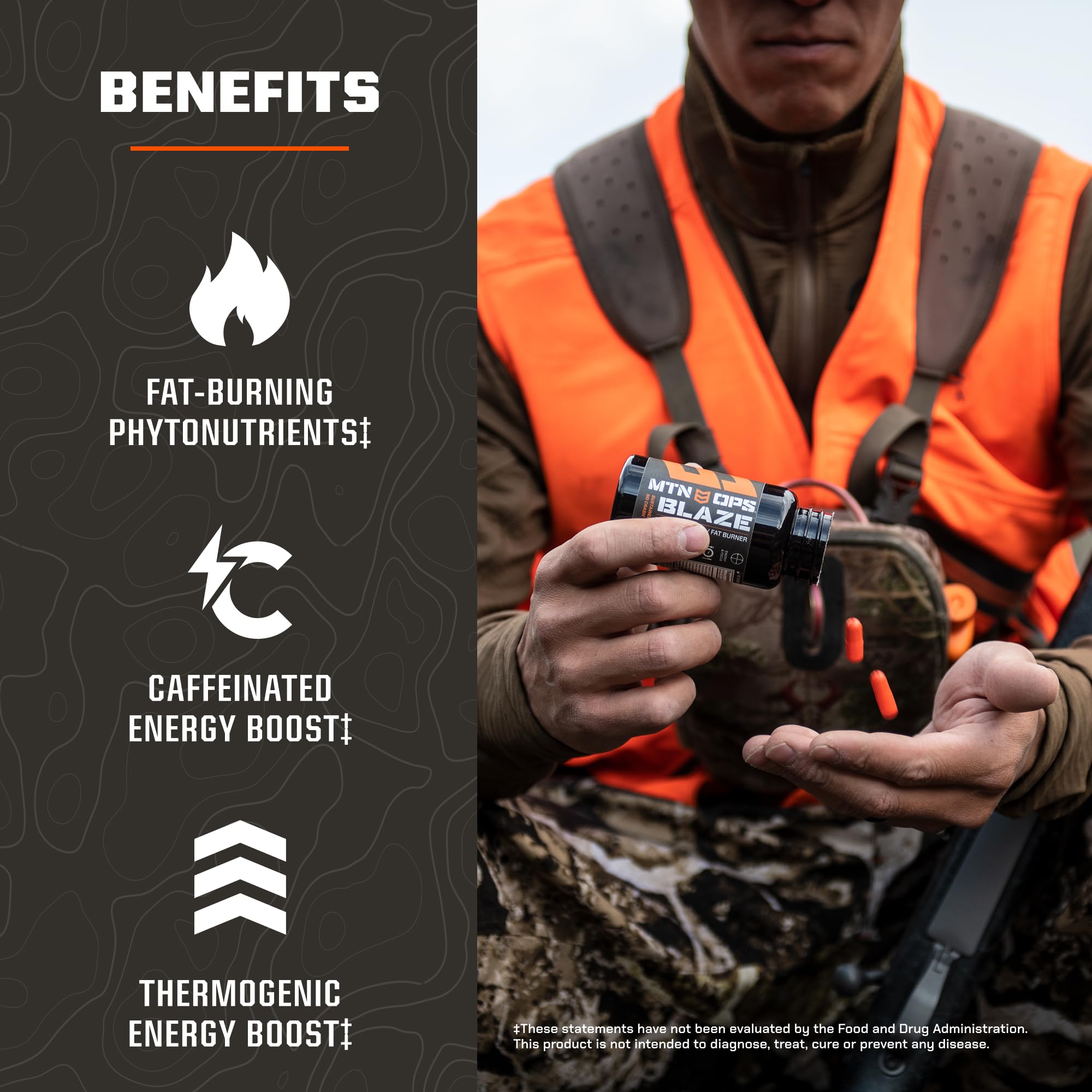 Étiquette MTN OPS Blaze montrant ingrédients clés et avantages potentiels.