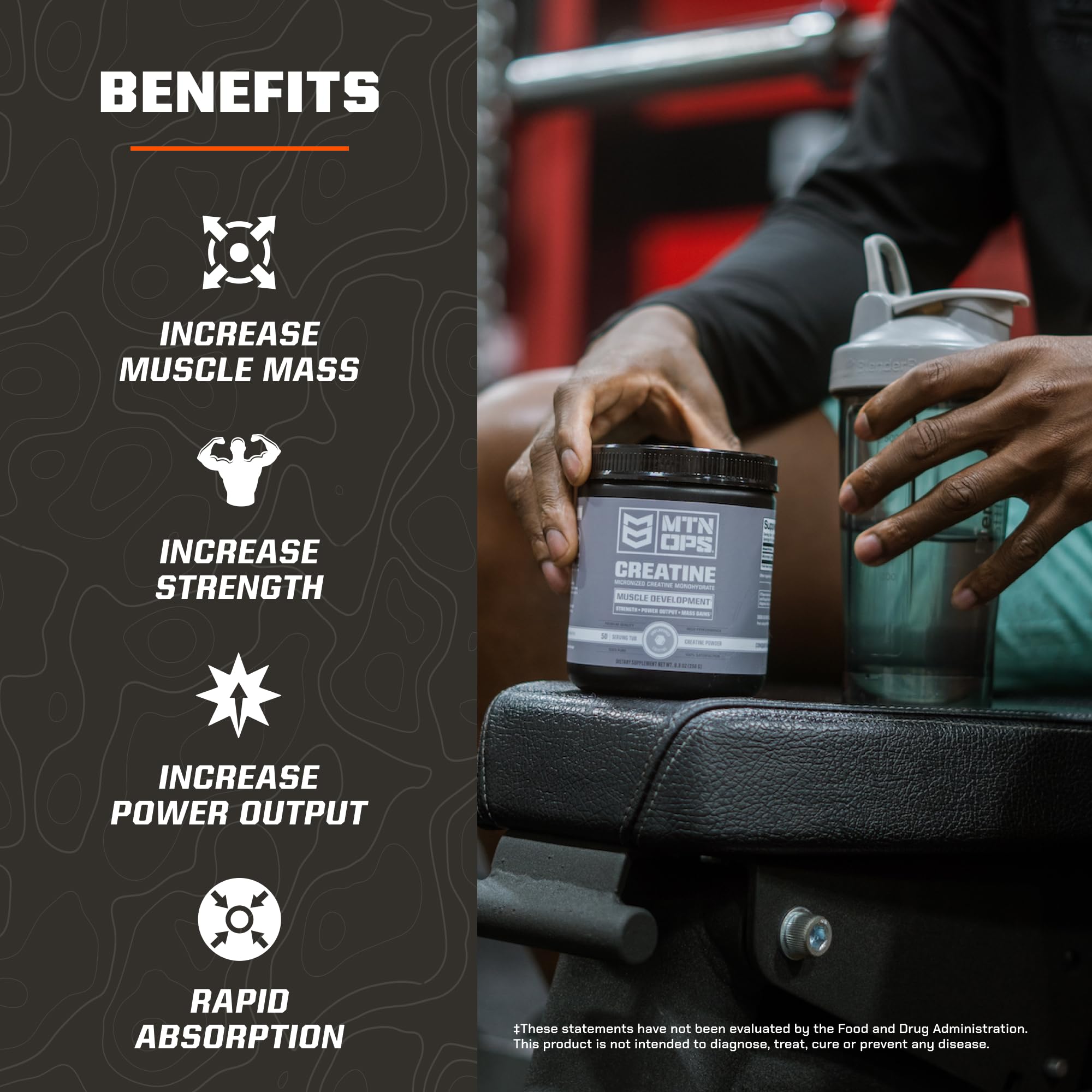 MTN OPS Créatine micronisée dans un shaker, texture fine sans résidu.