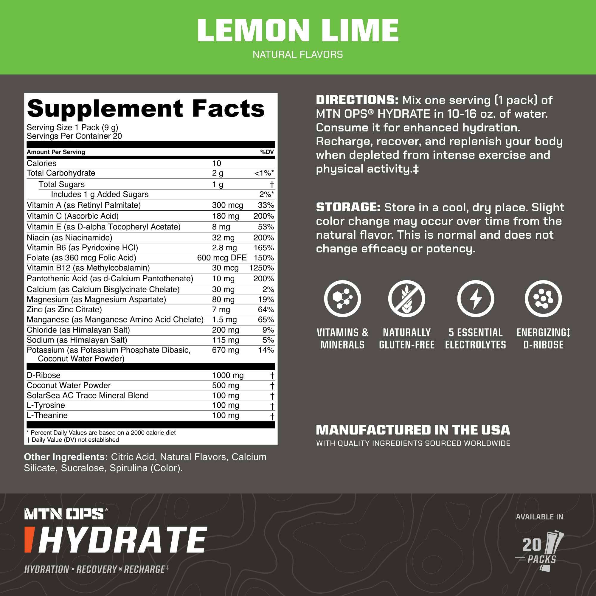MTN OPS Hydrate poudre-lemon-lime, préparation rapide pour l'effort.