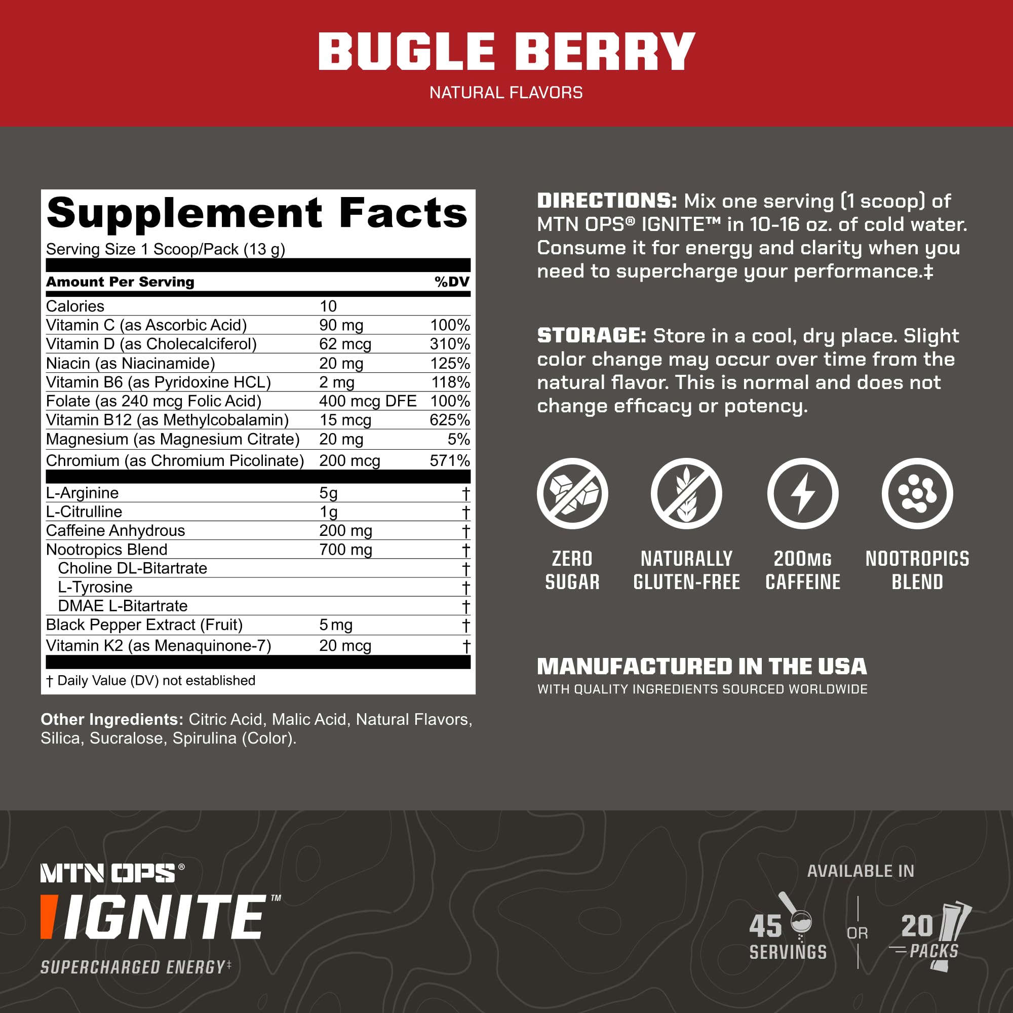 MTN OPS Ignite contient L‑Arginine et L‑Citrulline pour l’endurance.
