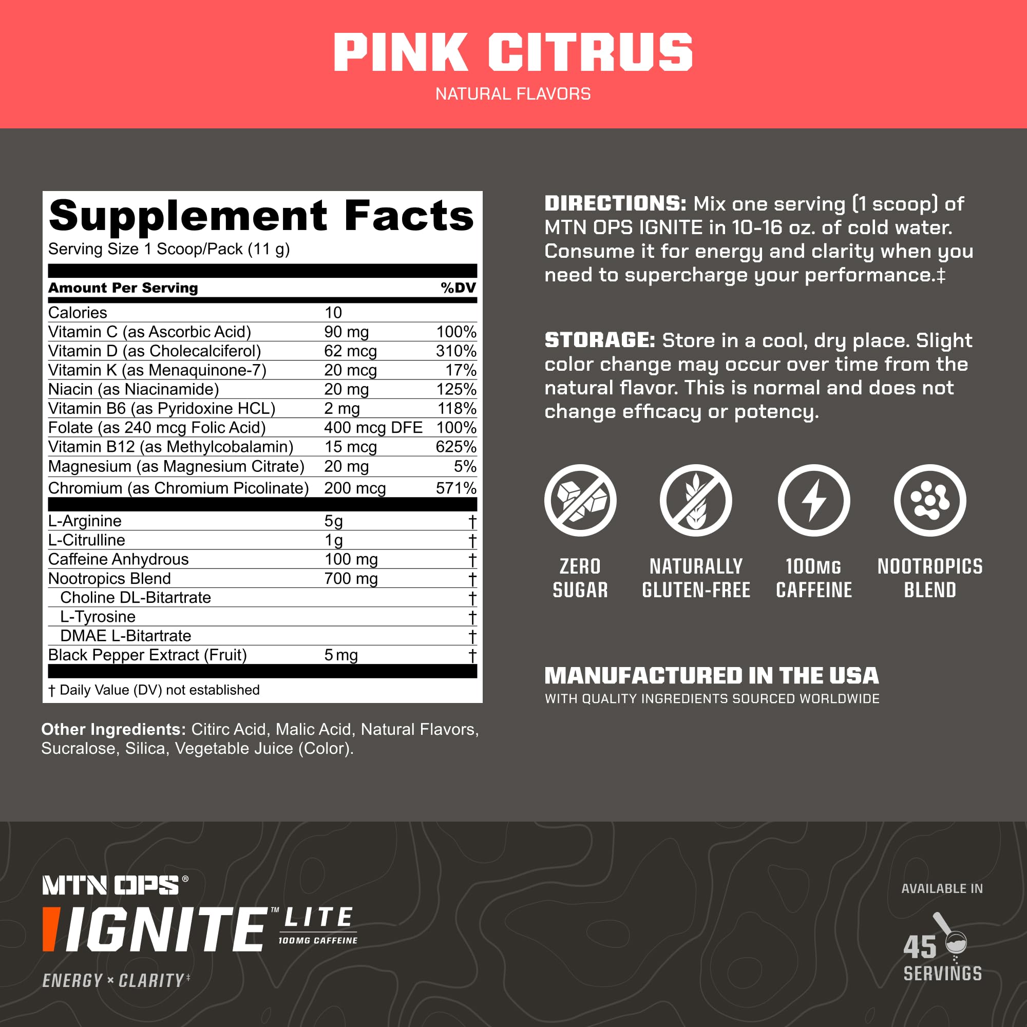 Boisson MTN OPS Ignite Lite couleur rose citron, goût léger pour démarrer la journée.