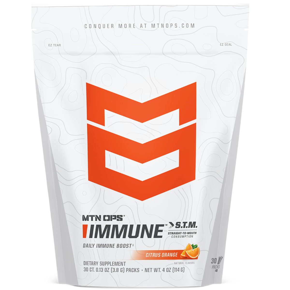 MTN OPS Immune STM – boîte poudre agrumes, pratique pour booster la routine quotidienne.