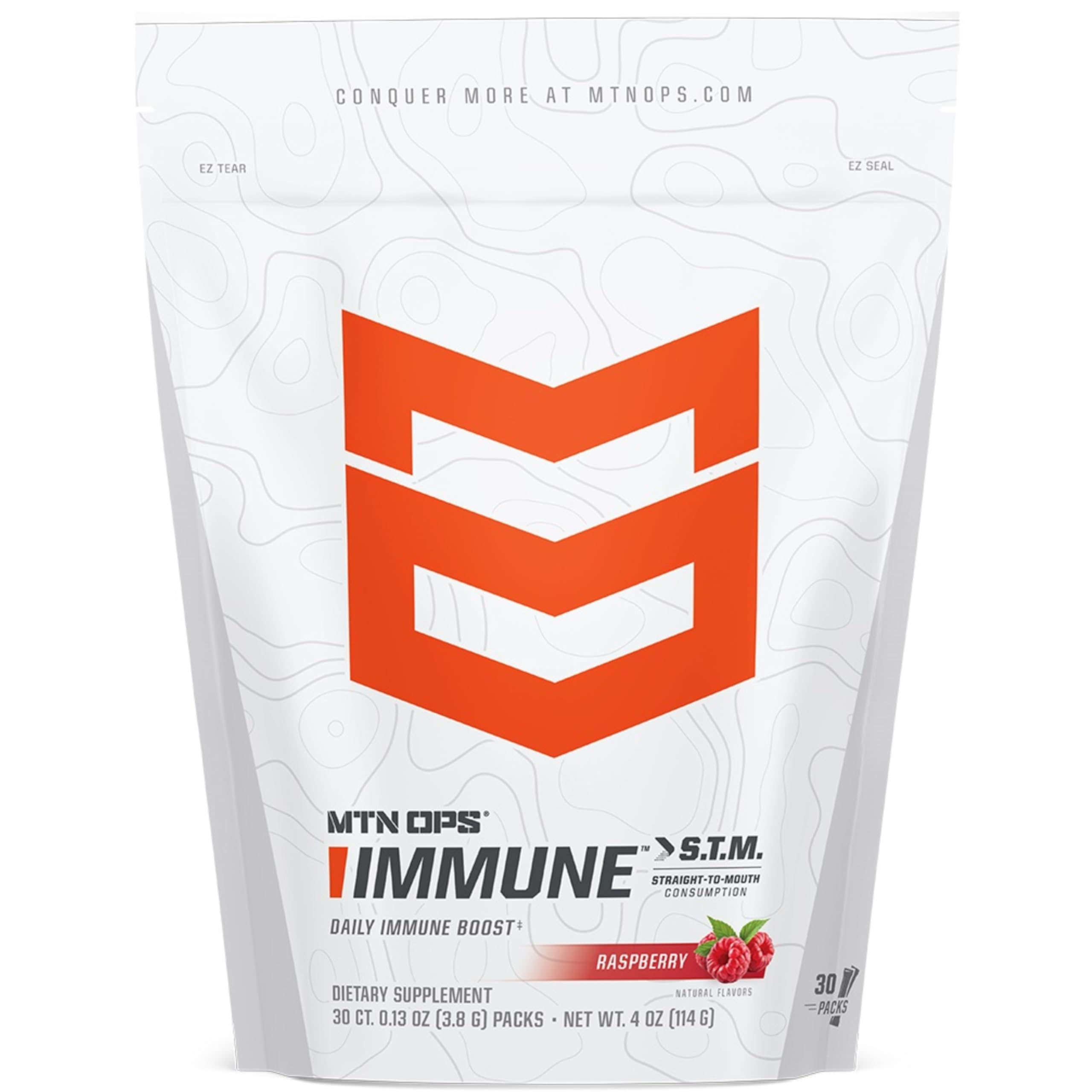 MTN OPS Immune STM poudre framboise en emballage, option pratique pour mode de vie actif