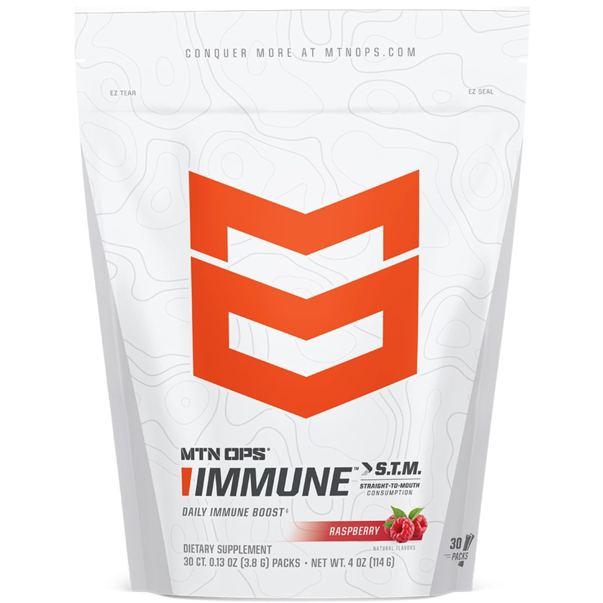 MTN OPS Immune STM poudre framboise en emballage, option pratique pour mode de vie actif