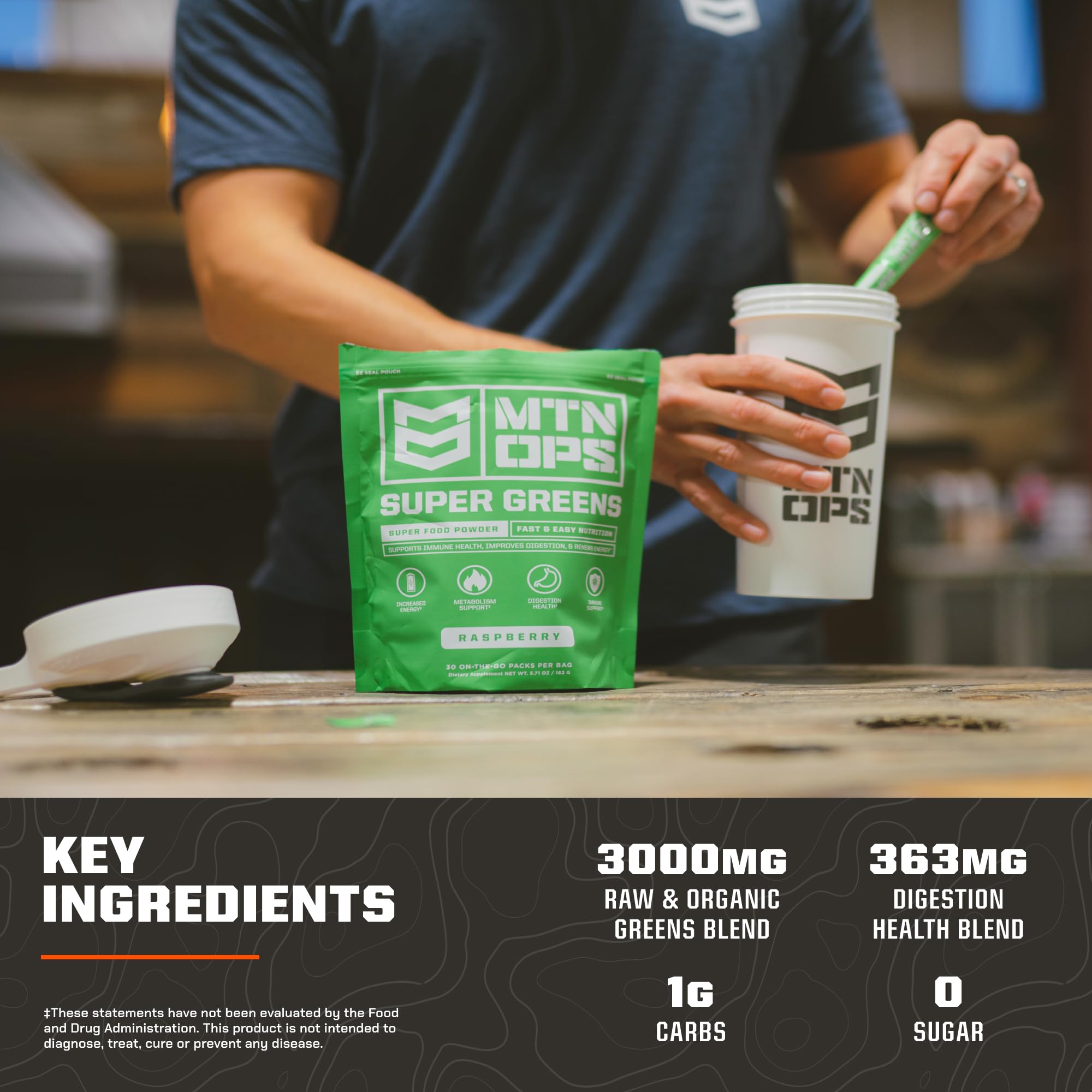 MTN OPS Super Greens : minéraux OmniMin AC pour le soutien nutritionnel quotidien.