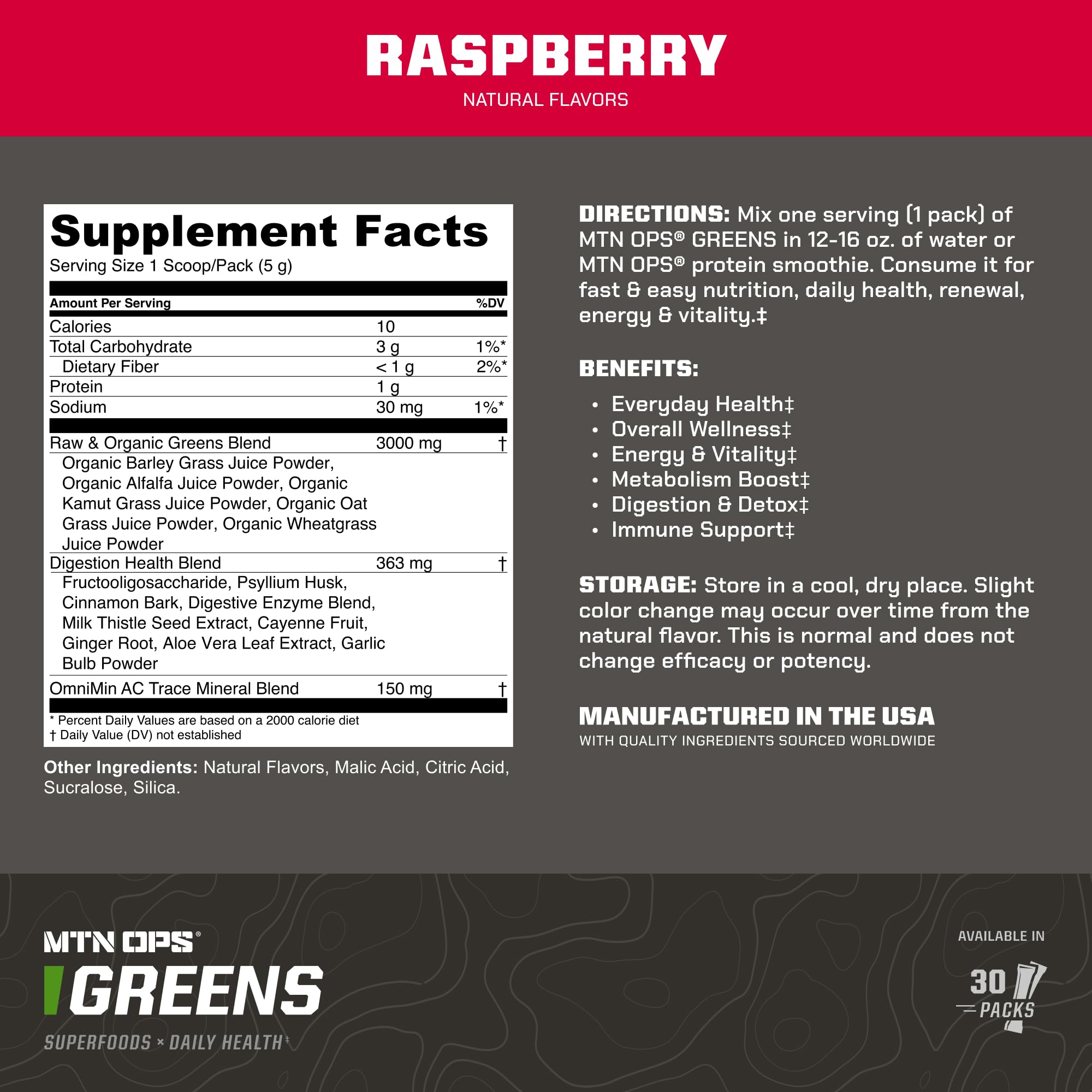 MTN OPS Super Greens : mélange vert biologique riche en chlorophylle naturelle.