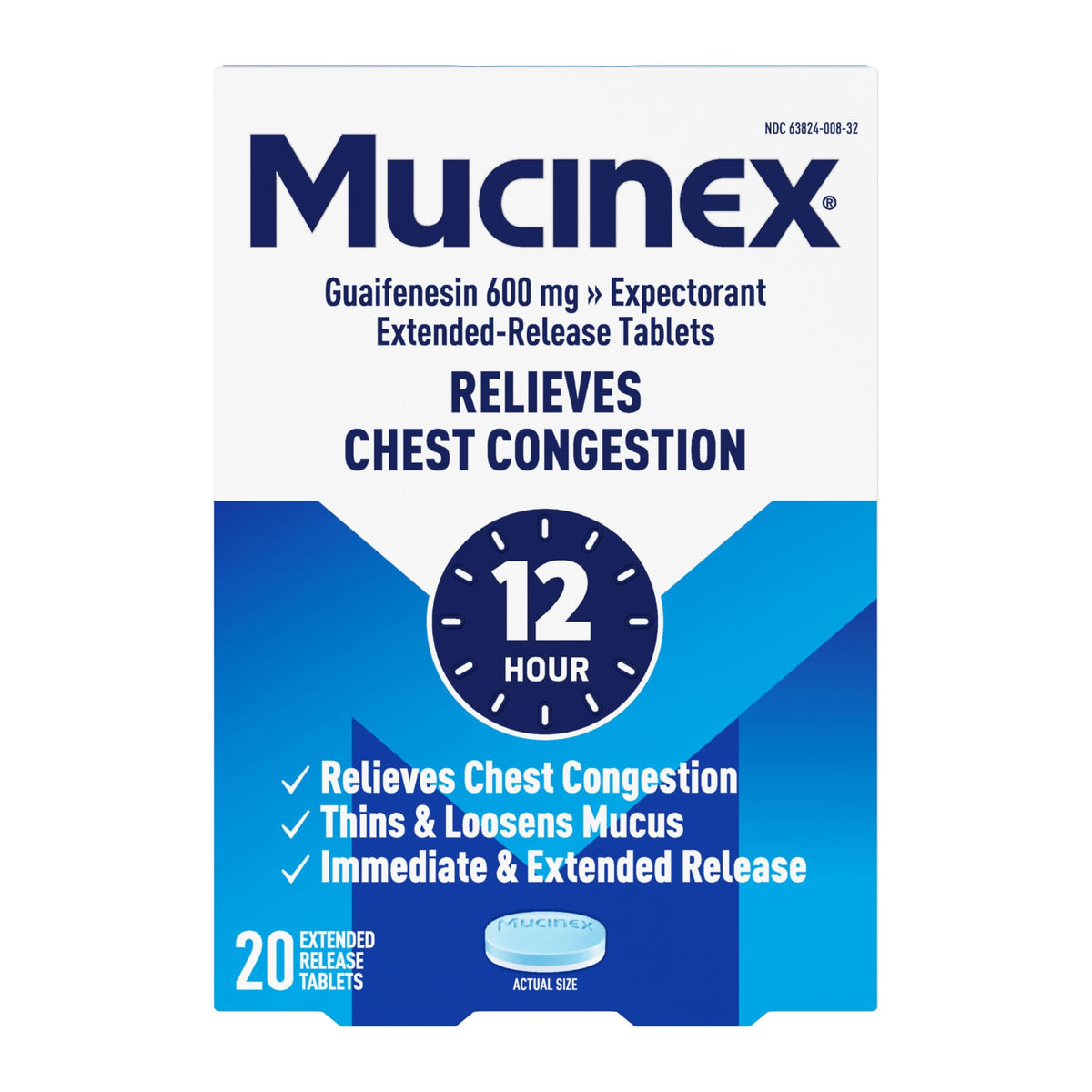 Mucinex boîte et comprimés 600 mg guaïfénésine pour congestion thoracique potentielle.