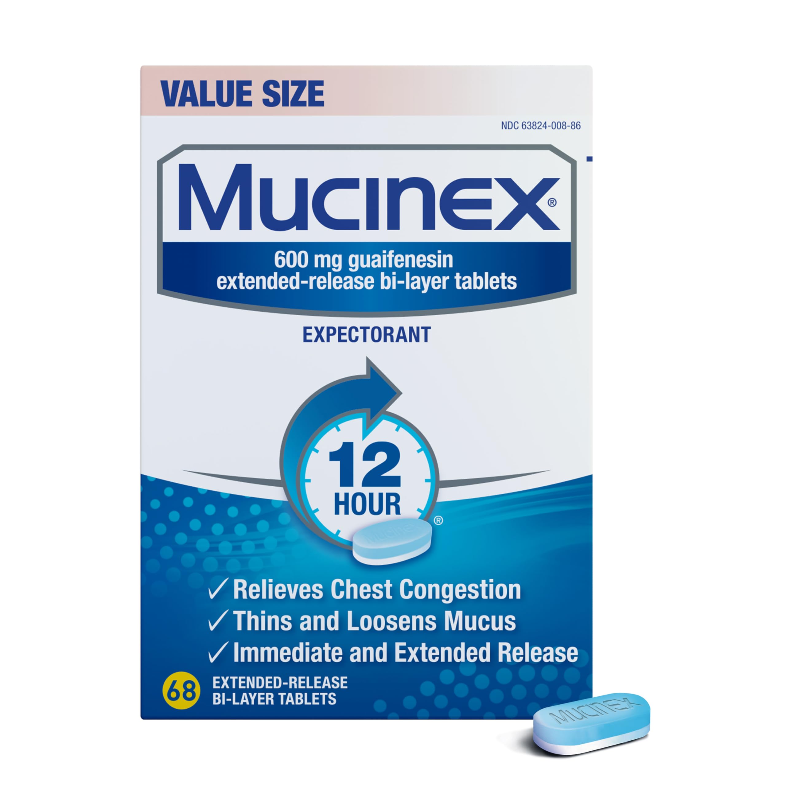 Boîte Mucinex 12h Expectorant 600 mg montrant le dosage élevé pour mucus épais