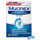 Boîte Mucinex 12h montrant les comprimés pour soulager la congestion thoracique.