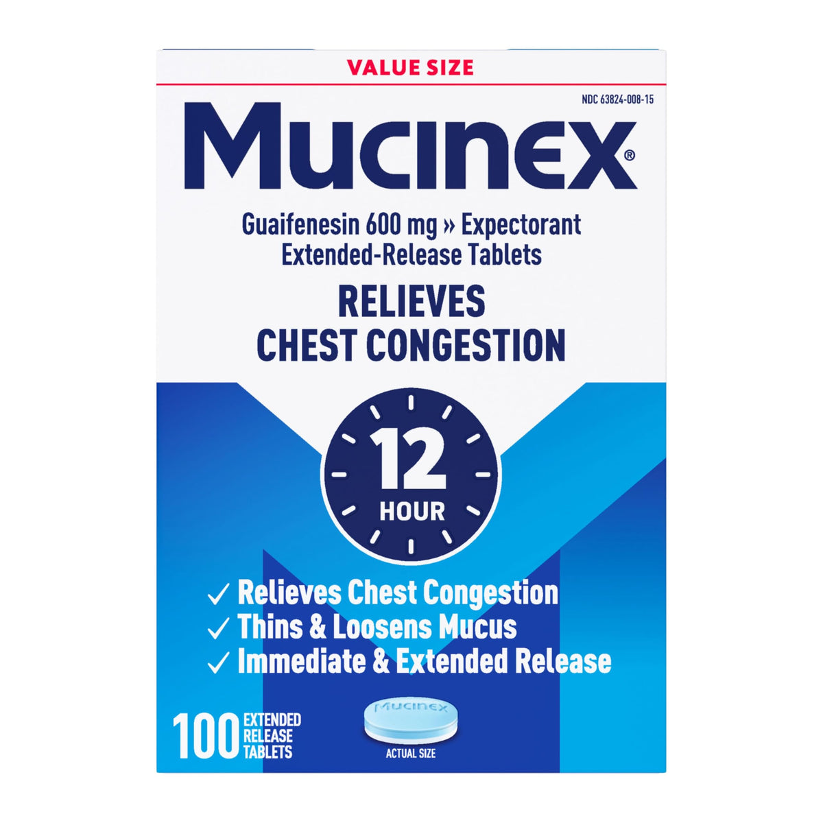 Vue de la bouteille Mucinex, 100 comprimés bi-couche pour le mucus.
