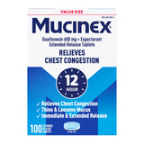 Vue de la bouteille Mucinex, 100 comprimés bi-couche pour le mucus.