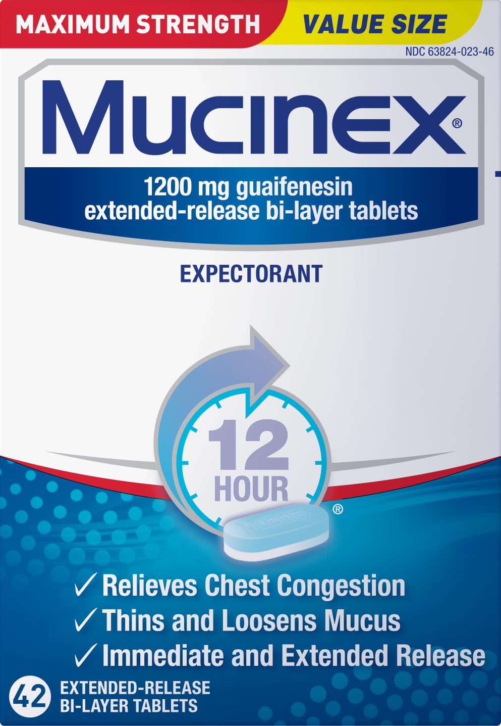 Bouteille Mucinex montrant les comprimés 12h pour l'expectoration et le soulagement